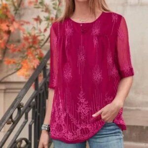 Sundance Blouse Women's Size Large Fuchsia Magenta Sheer Embroidered Overlay Top
